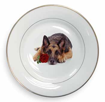 German Shepherd with Red Rose Gold Rim Plate Printed Full Colour in Gift Box