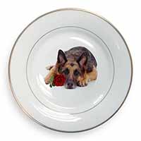 German Shepherd with Red Rose Gold Rim Plate Printed Full Colour in Gift Box