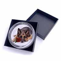 German Shepherd with Red Rose Glass Paperweight in Gift Box