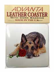 German Shepherd with Red Rose Single Leather Photo Coaster