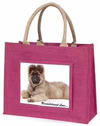 German Shepherd With Love Large Pink Jute Shopping Bag