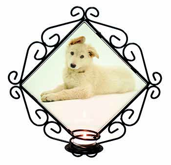 White German Shepherd Wrought Iron Wall Art Candle Holder