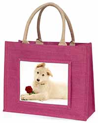 White German Shepherd with Rose Large Pink Jute Shopping Bag