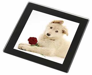 White German Shepherd with Rose Black Rim High Quality Glass Coaster