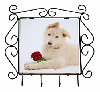 White German Shepherd with Rose Wrought Iron Key Holder Hooks