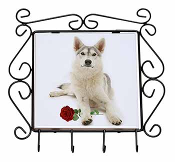 Utonagan Dog with Red Rose Wrought Iron Key Holder Hooks