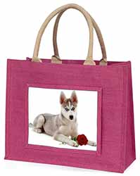 Siberian Husky with Red Rose Large Pink Jute Shopping Bag