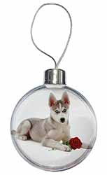 Siberian Husky with Red Rose Christmas Bauble