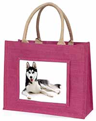 Siberian Husky Dog Large Pink Jute Shopping Bag