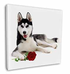 Siberian Husky with Red Rose Square Canvas 12"x12" Wall Art Picture Print