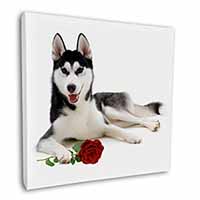 Siberian Husky with Red Rose Square Canvas 12"x12" Wall Art Picture Print