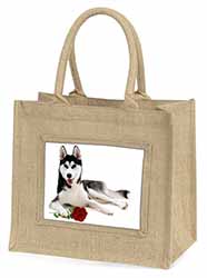 Siberian Husky with Red Rose Natural/Beige Jute Large Shopping Bag