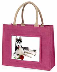 Siberian Husky with Red Rose Large Pink Jute Shopping Bag