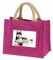 Siberian Husky with Red Rose Little Girls Small Pink Jute Shopping Bag