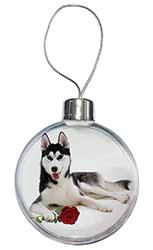 Siberian Husky with Red Rose Christmas Bauble