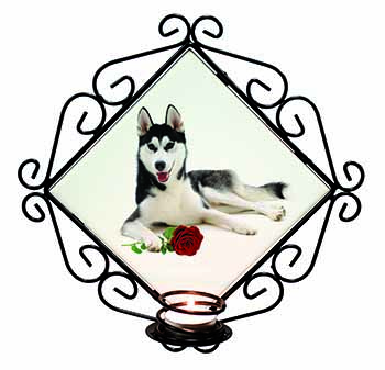 Siberian Husky with Red Rose Wrought Iron Wall Art Candle Holder