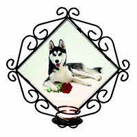 Siberian Husky with Red Rose Wrought Iron Wall Art Candle Holder