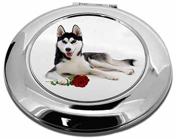 Siberian Husky with Red Rose Make-Up Round Compact Mirror