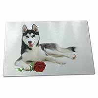 Large Glass Cutting Chopping Board Siberian Husky with Red Rose