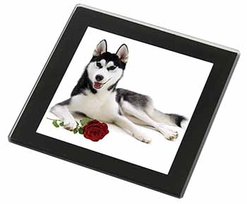 Siberian Husky with Red Rose Black Rim High Quality Glass Coaster