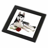 Siberian Husky with Red Rose Black Rim High Quality Glass Coaster