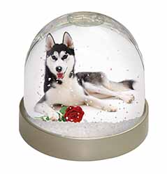 Siberian Husky with Red Rose Snow Globe Photo Waterball