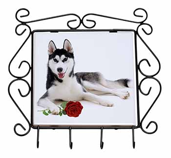 Siberian Husky with Red Rose Wrought Iron Key Holder Hooks