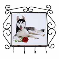 Siberian Husky with Red Rose Wrought Iron Key Holder Hooks