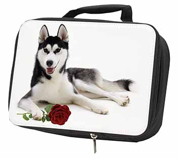 Siberian Husky with Red Rose Black Insulated School Lunch Box/Picnic Bag