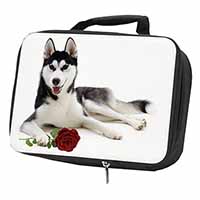 Siberian Husky with Red Rose Black Insulated School Lunch Box/Picnic Bag