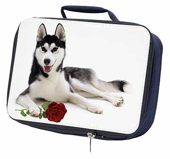 Siberian Husky with Red Rose Navy Insulated School Lunch Box/Picnic Bag