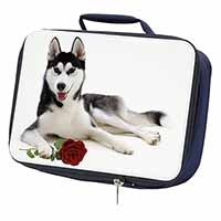 Siberian Husky with Red Rose Navy Insulated School Lunch Box/Picnic Bag