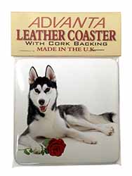 Siberian Husky with Red Rose Single Leather Photo Coaster