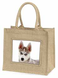 Siberian Husky Natural/Beige Jute Large Shopping Bag