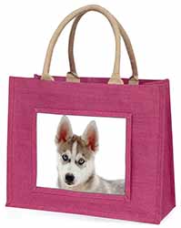 Siberian Husky Large Pink Jute Shopping Bag