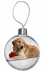 Golden Retriever with Red Rose Christmas Bauble