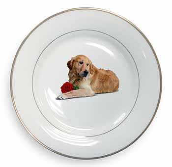 Golden Retriever with Red Rose Gold Rim Plate Printed Full Colour in Gift Box