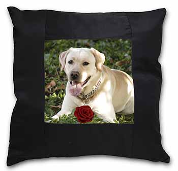 Yellow Labrador with Red Rose Black Satin Feel Scatter Cushion