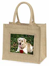 Yellow Labrador with Red Rose Natural/Beige Jute Large Shopping Bag