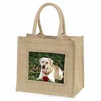 Yellow Labrador with Red Rose Natural/Beige Jute Large Shopping Bag