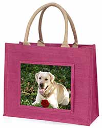 Yellow Labrador with Red Rose Large Pink Jute Shopping Bag