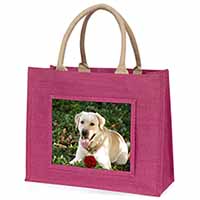 Yellow Labrador with Red Rose Large Pink Jute Shopping Bag