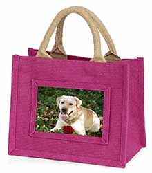 Yellow Labrador with Red Rose Little Girls Small Pink Jute Shopping Bag