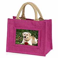 Yellow Labrador with Red Rose Little Girls Small Pink Jute Shopping Bag