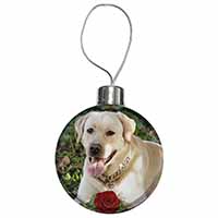 Yellow Labrador with Red Rose Christmas Bauble