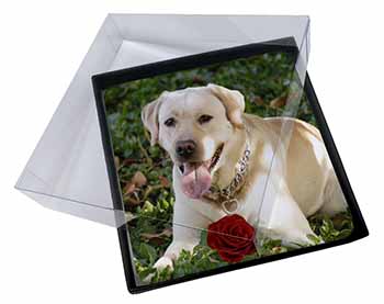 4x Yellow Labrador with Red Rose Picture Table Coasters Set in Gift Box