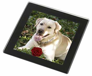 Yellow Labrador with Red Rose Black Rim High Quality Glass Coaster