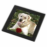 Yellow Labrador with Red Rose Black Rim High Quality Glass Coaster