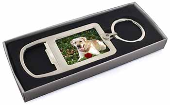 Yellow Labrador with Red Rose Chrome Metal Bottle Opener Keyring in Box