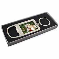 Yellow Labrador with Red Rose Chrome Metal Bottle Opener Keyring in Box